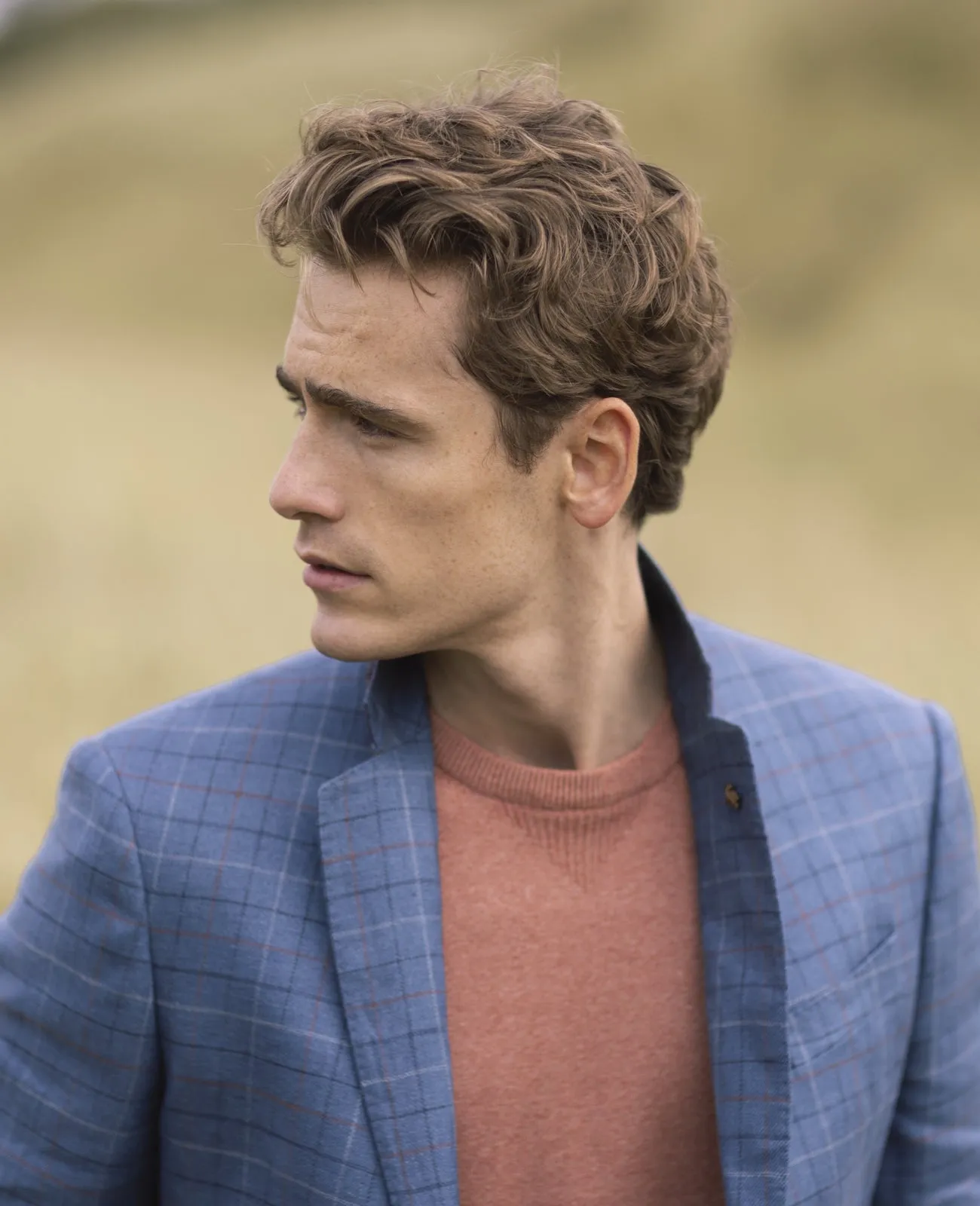 MAGEE Irish Linen Jacket - Mens Liffey - Blue With Tangerine, White & Navy Check