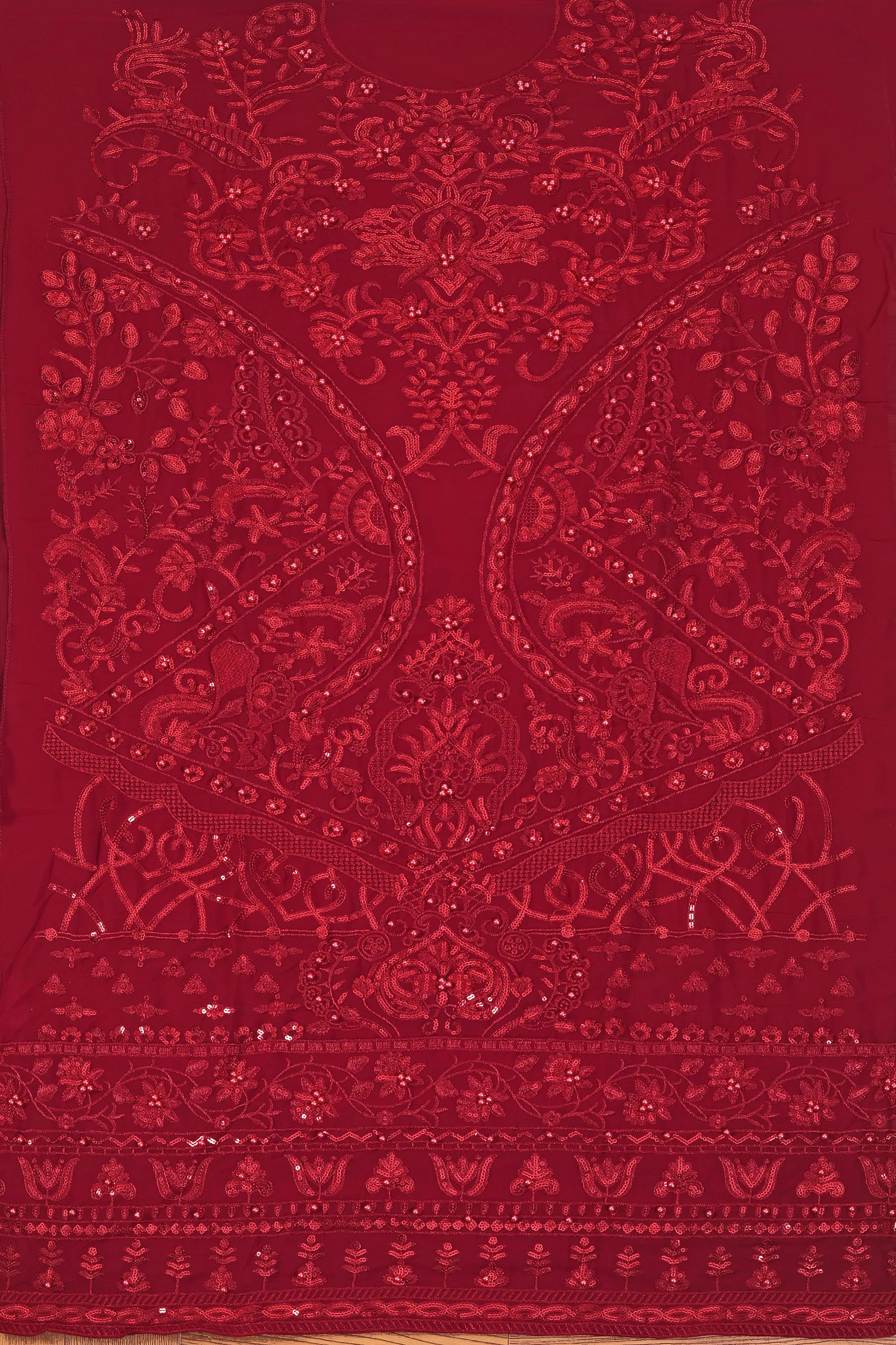 Maroon Heavy Embroidered Poly Georgette Dress Material with Dupatta