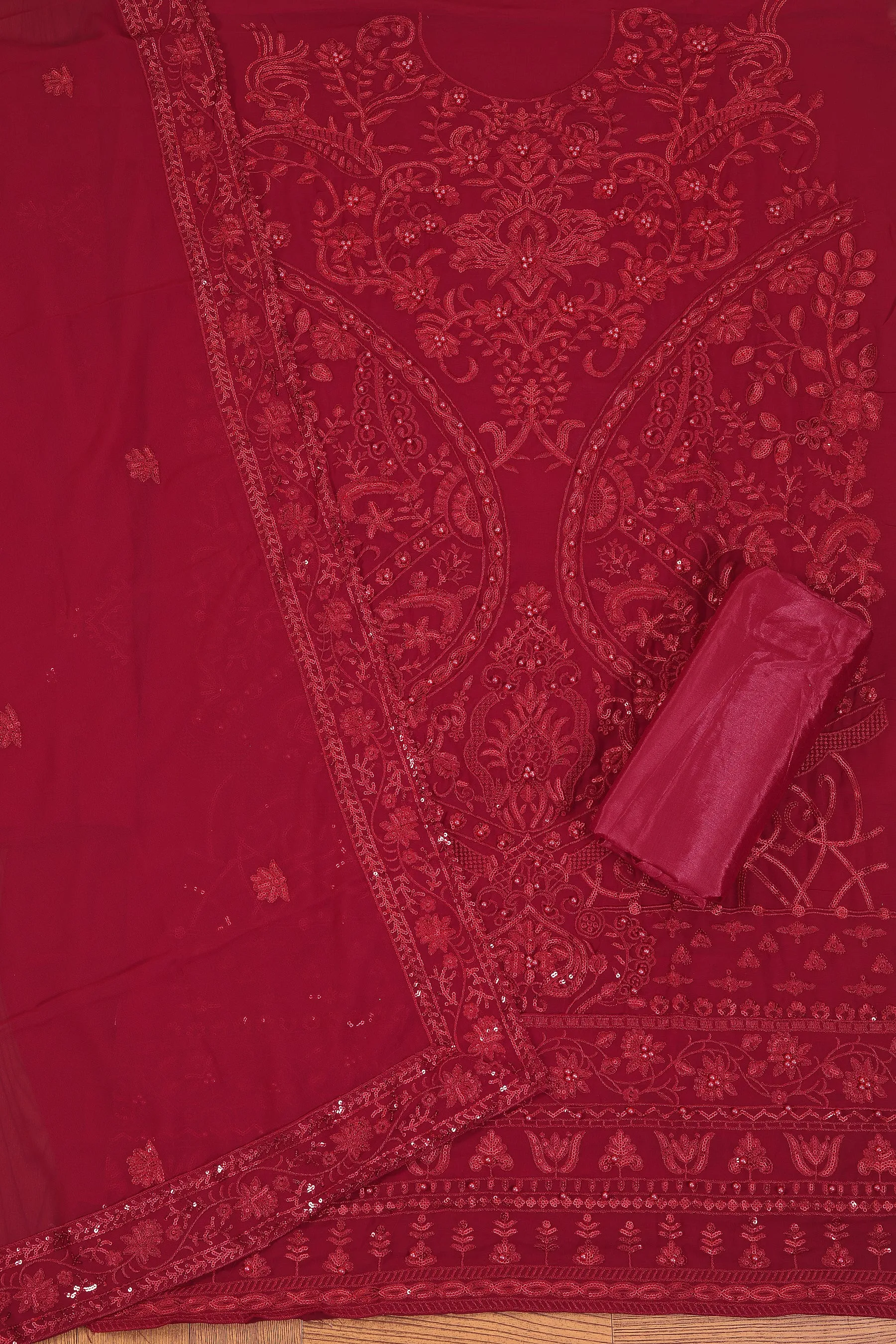 Maroon Heavy Embroidered Poly Georgette Dress Material with Dupatta