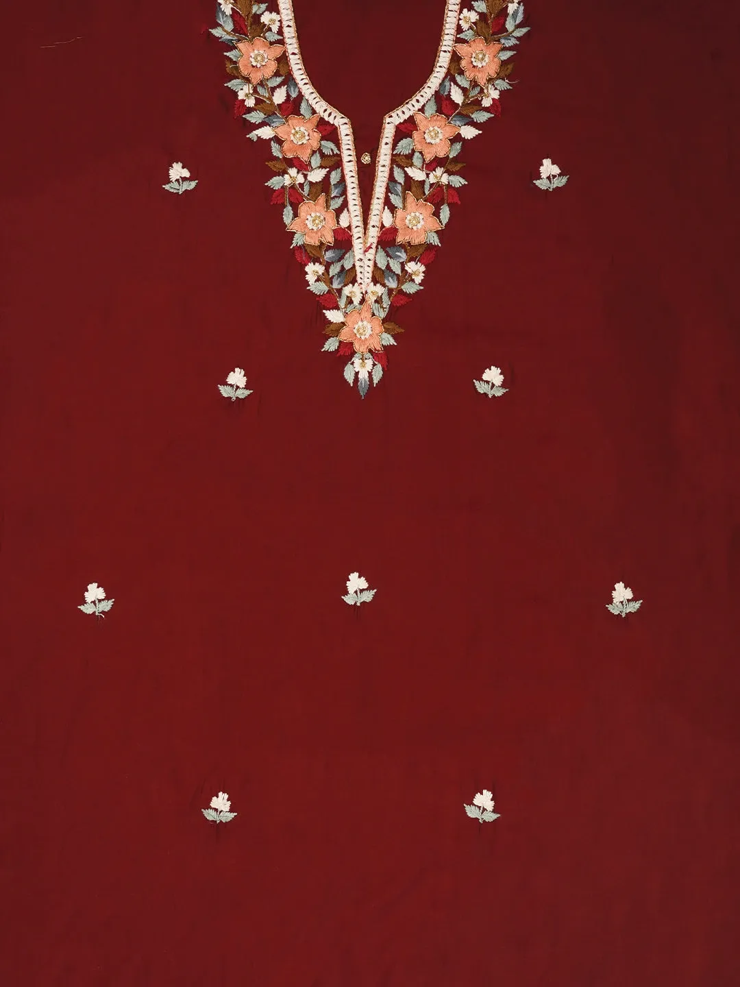 Maroon Pure Silk Lucknowi Embroidered Dress Material with Dupatta