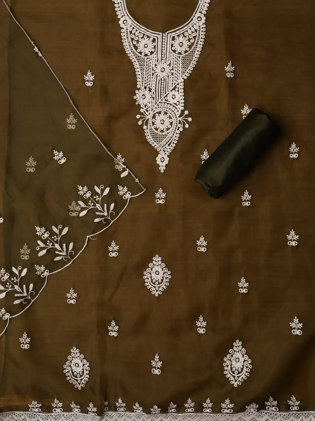 Mehandi Embroidered Organza Dress Material with Dupatta