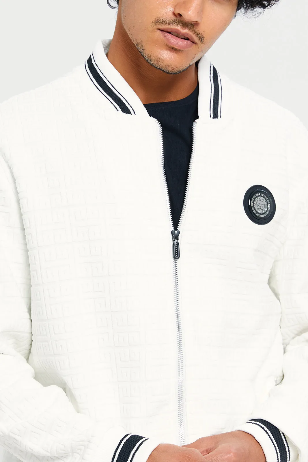 Men White Jacquard Knit Jacket