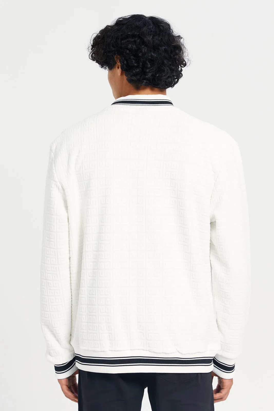 Men White Jacquard Knit Jacket