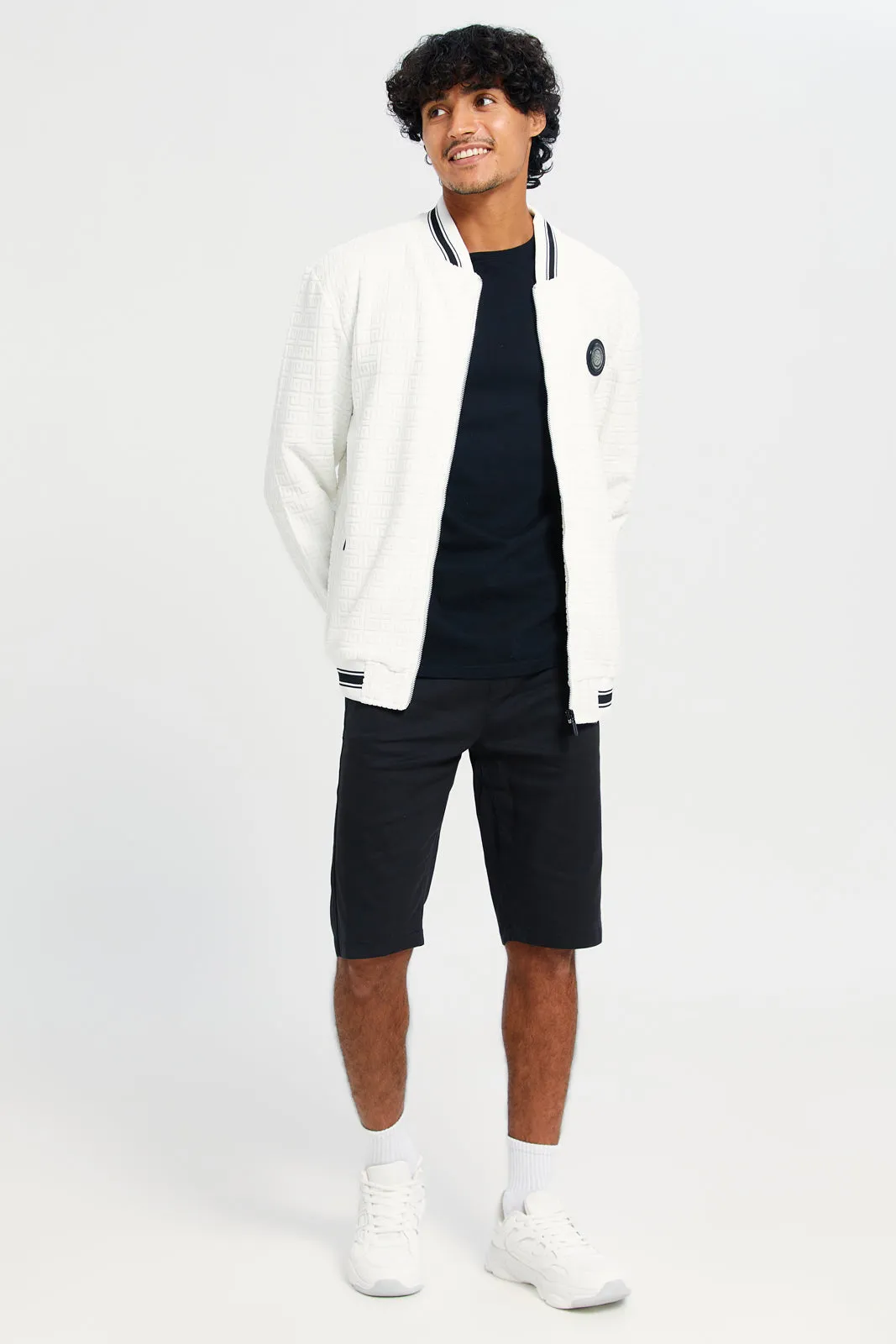Men White Jacquard Knit Jacket