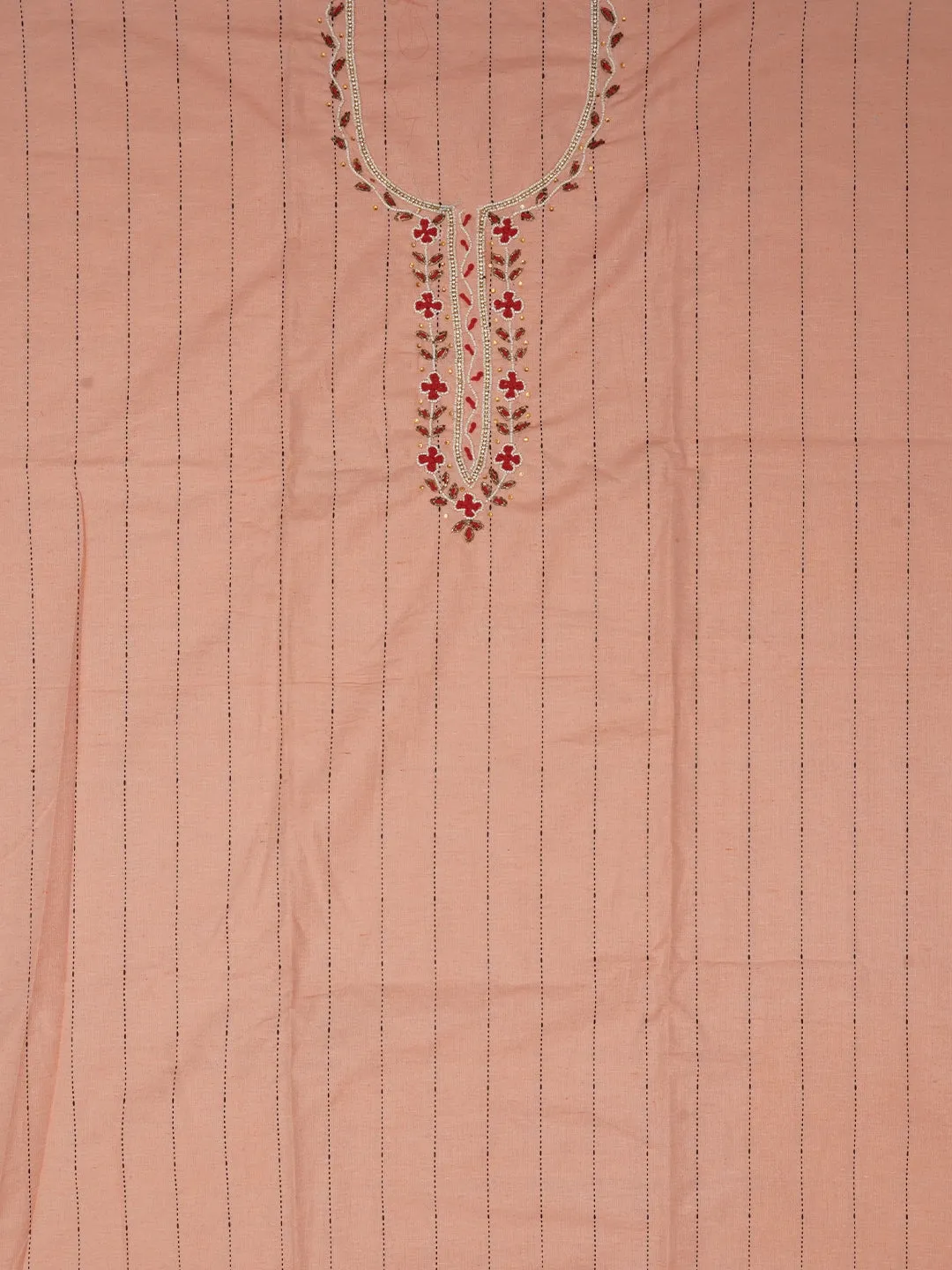 Peach Cotton Woven Design Embellished Dress Material with Dupatta