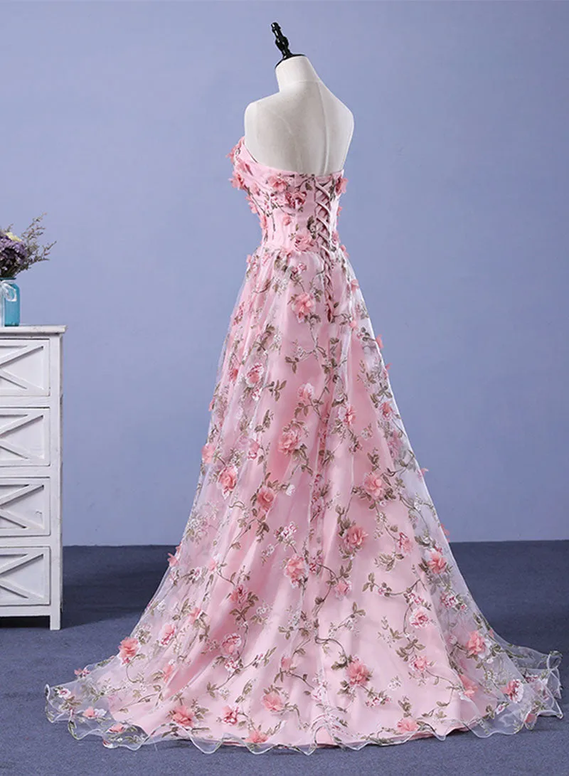 Pink Tulle Applique Long Prom Dress, A-Line Sweetheart Neck Evening Dress
