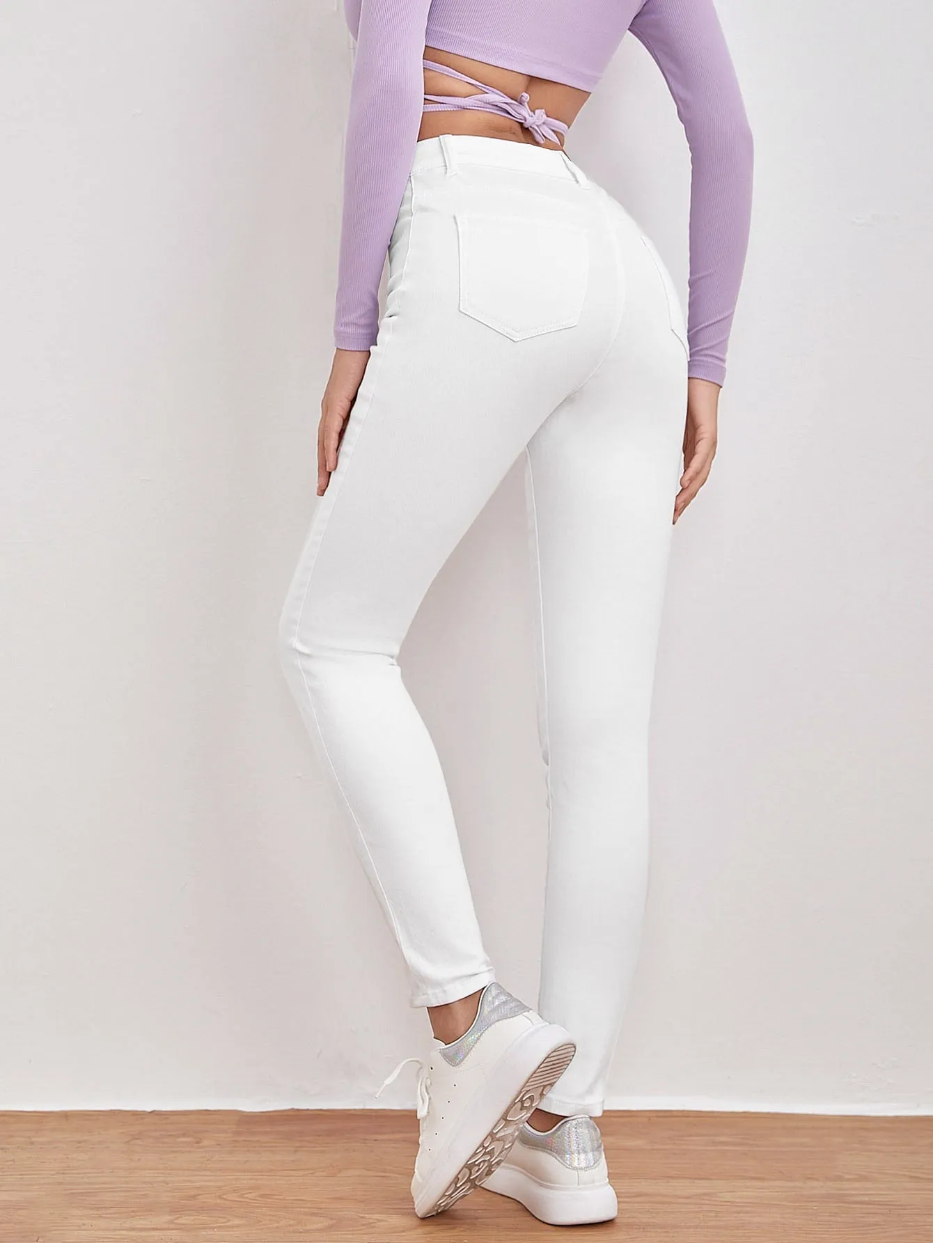 Plain Zipper High Waist Cropped Women Jeans