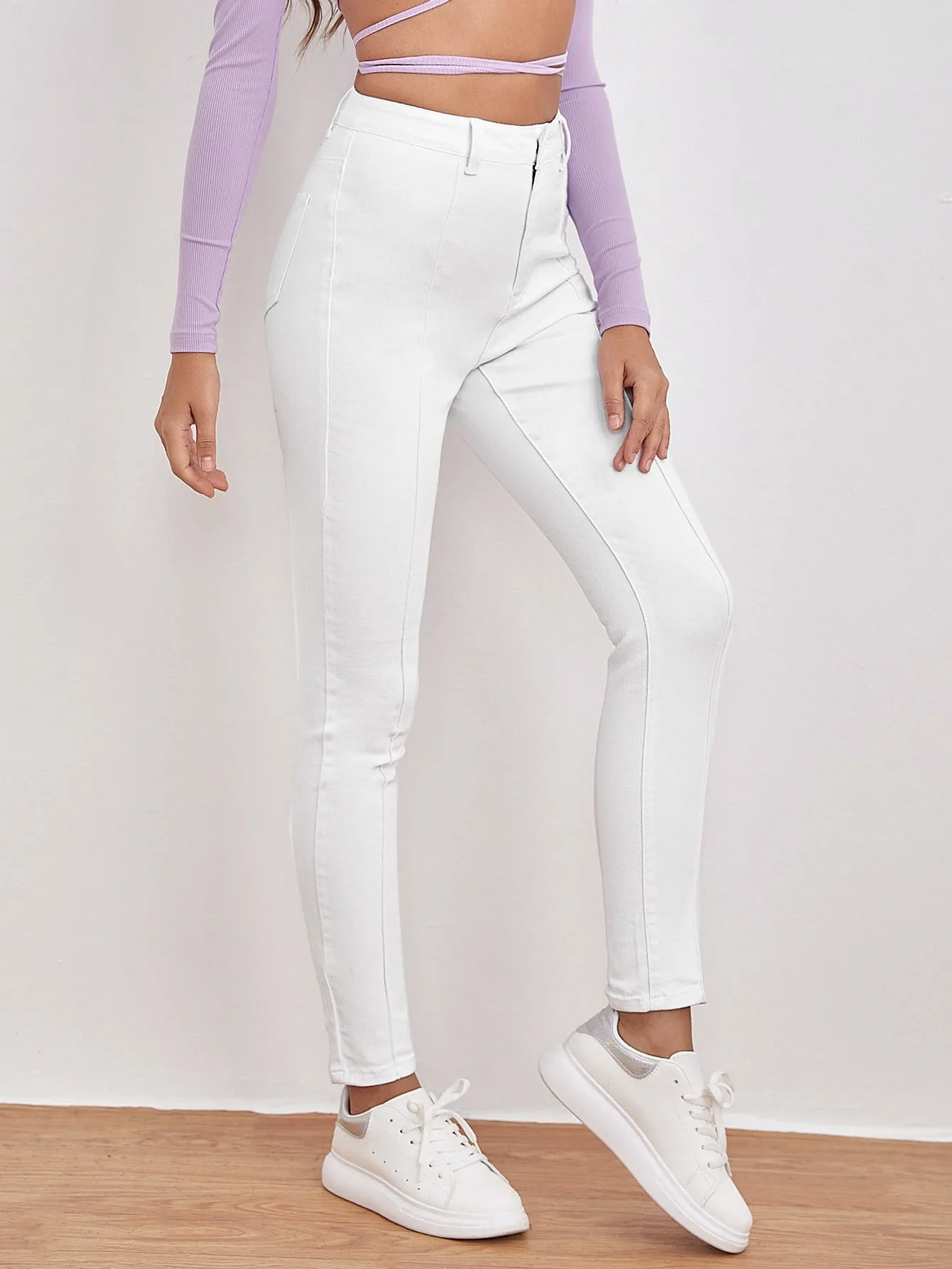 Plain Zipper High Waist Cropped Women Jeans
