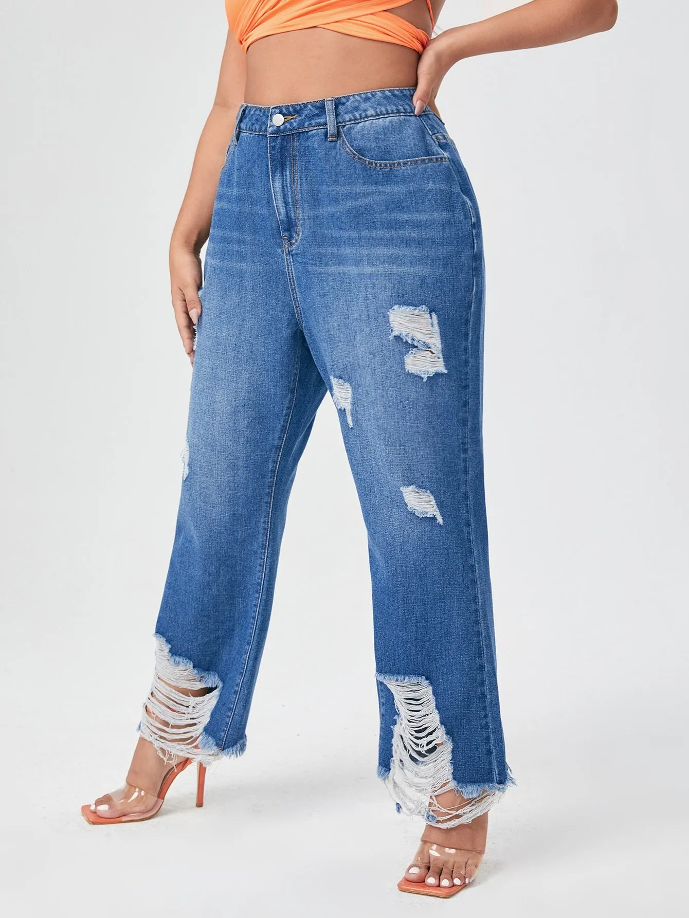 Raw Hem Natural Long Plus Size Jeans