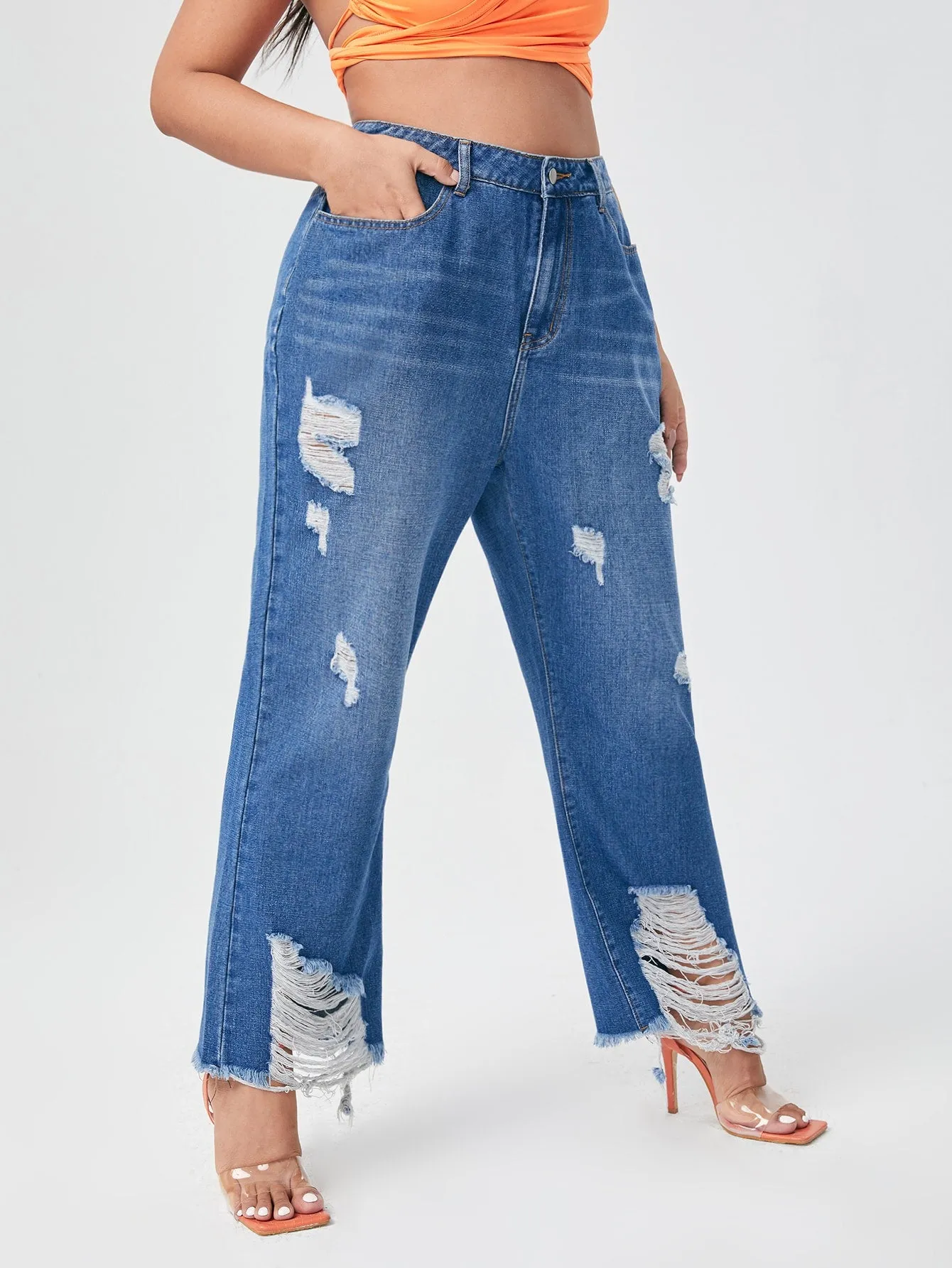 Raw Hem Natural Long Plus Size Jeans