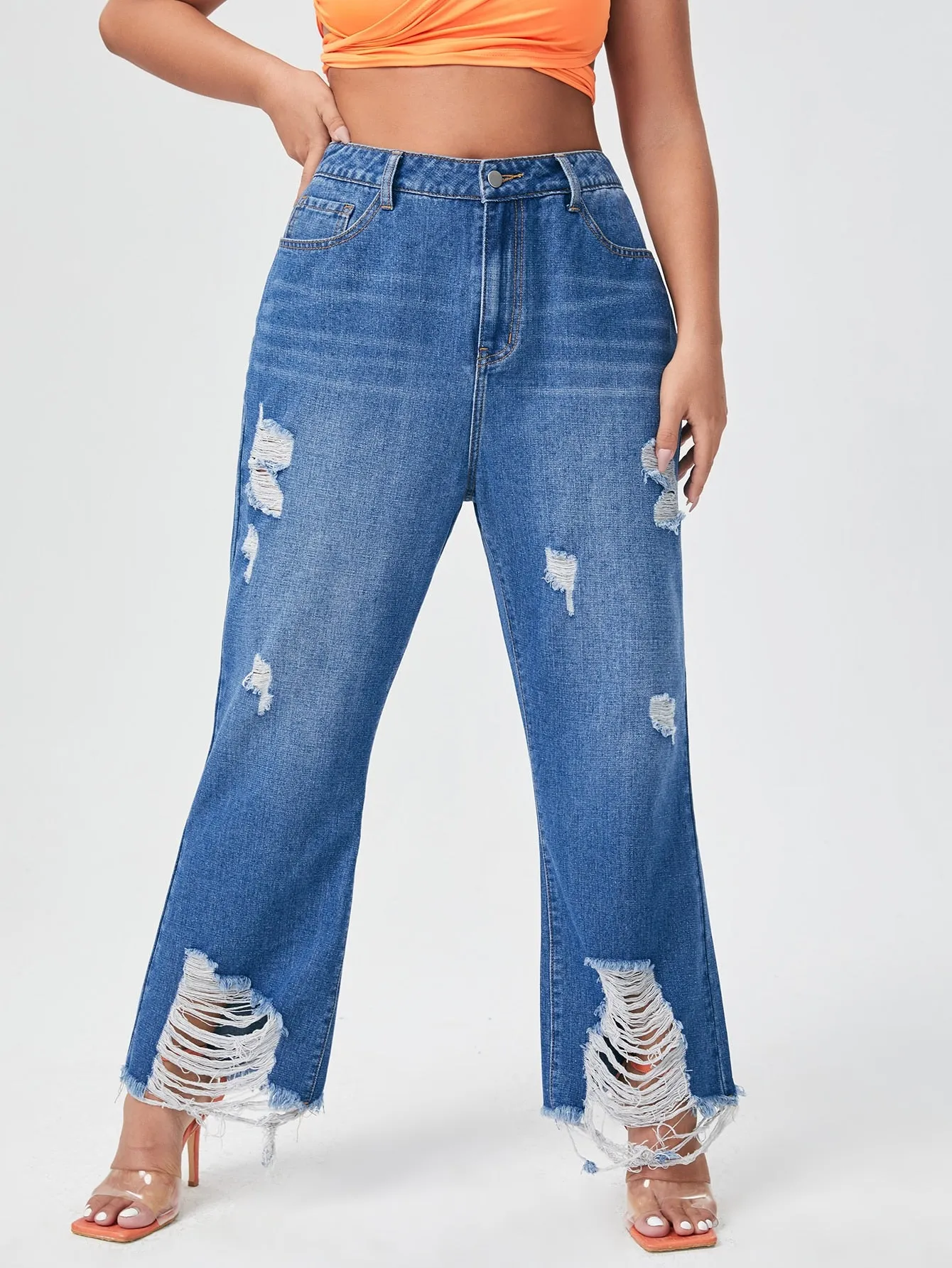 Raw Hem Natural Long Plus Size Jeans