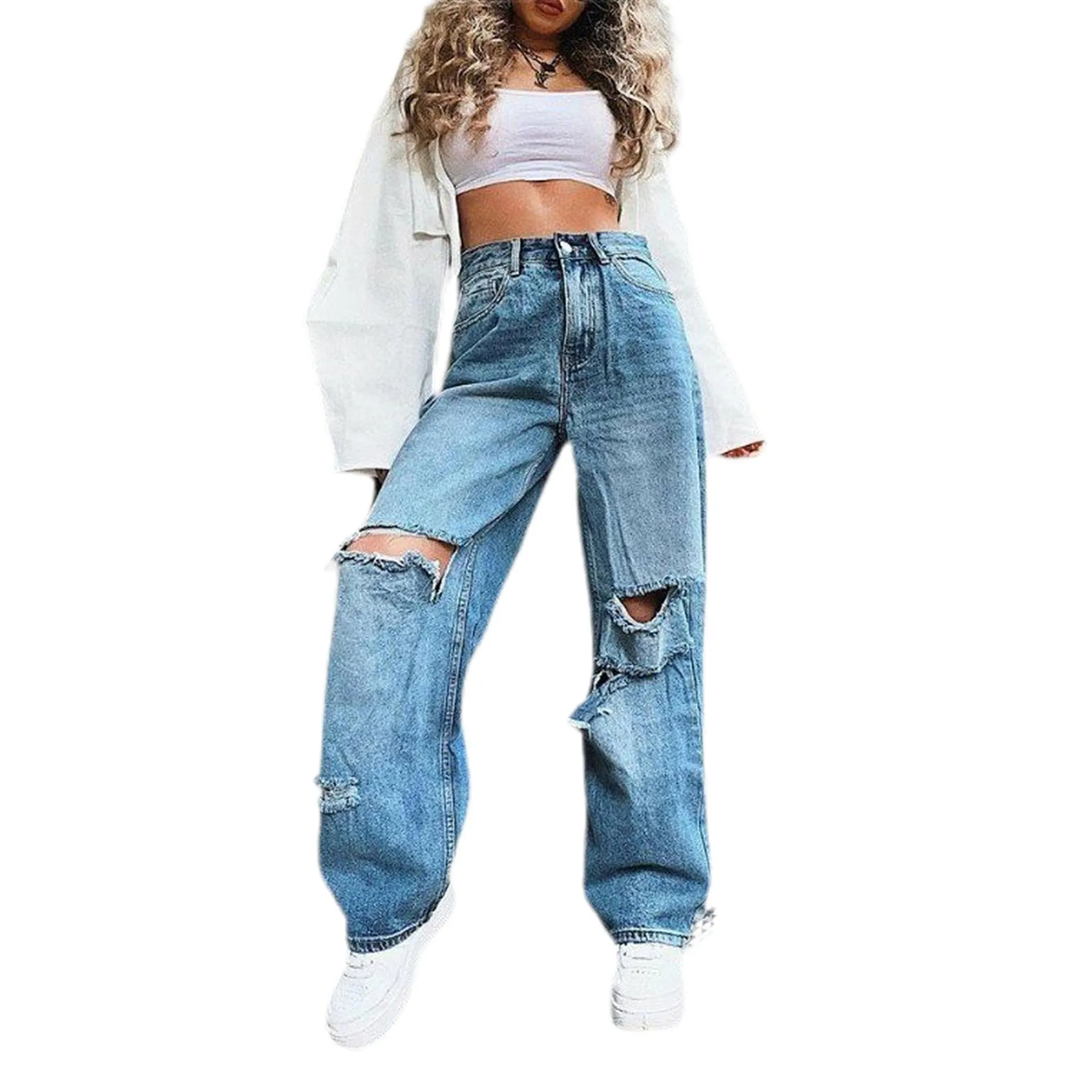 Retro Ripped Jeans Pants Loose Solid Color Casual Women Wholesale Denim Jeans