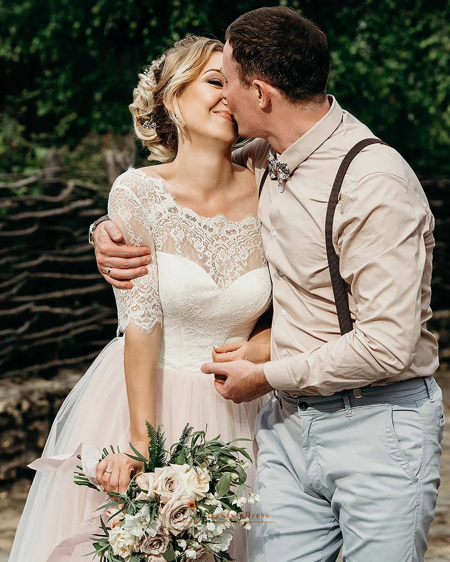 Simple Half Sleeve Blush Pink Wedding Dress