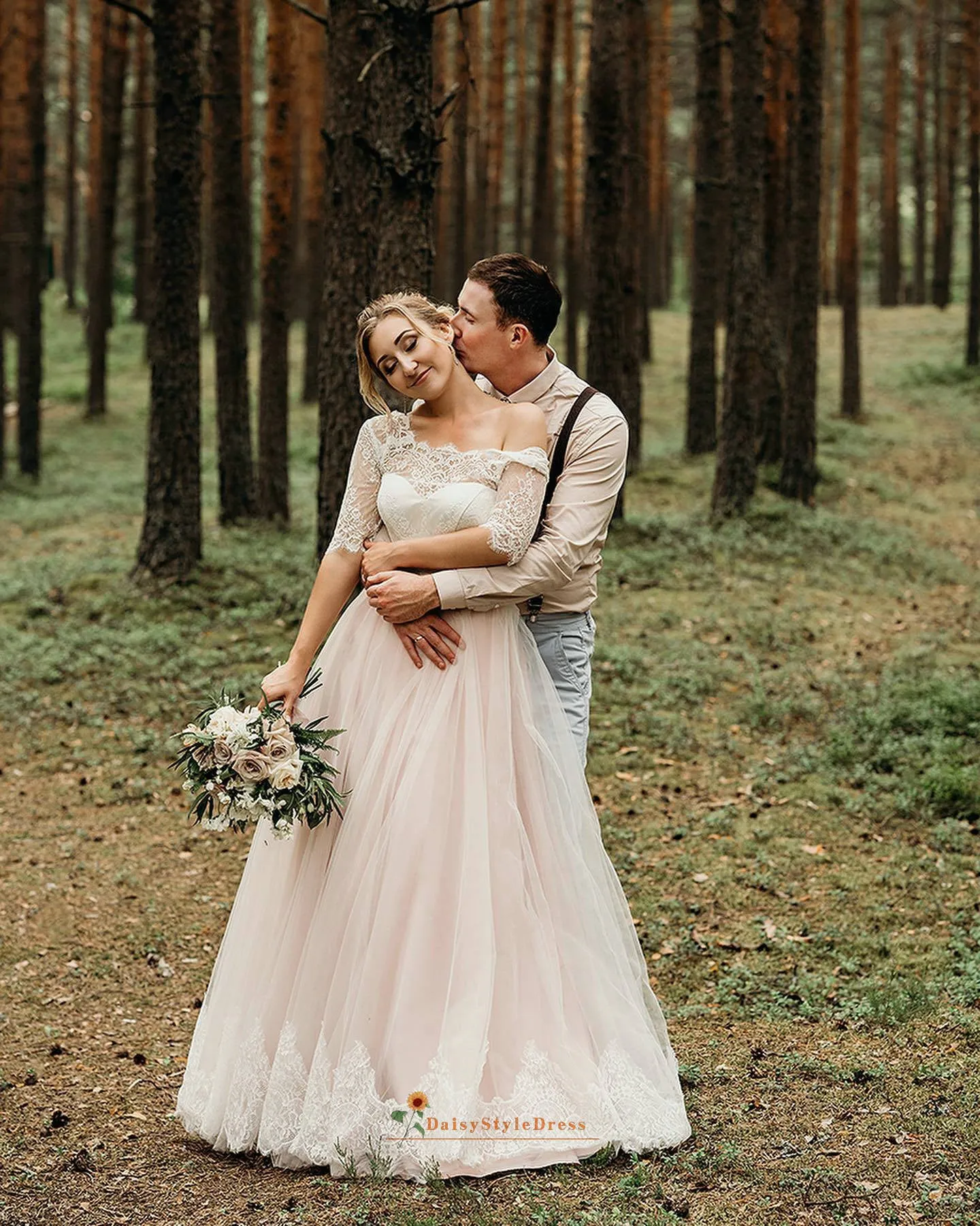 Simple Half Sleeve Blush Pink Wedding Dress
