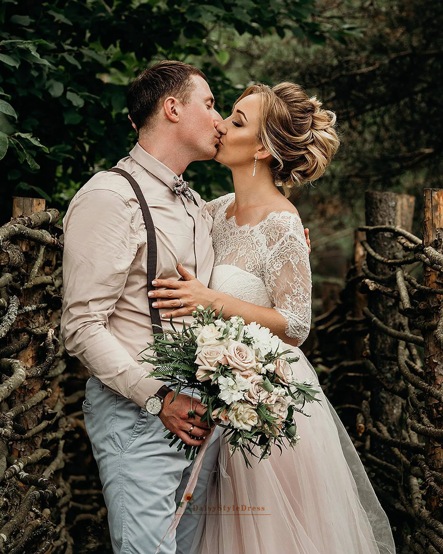 Simple Half Sleeve Blush Pink Wedding Dress