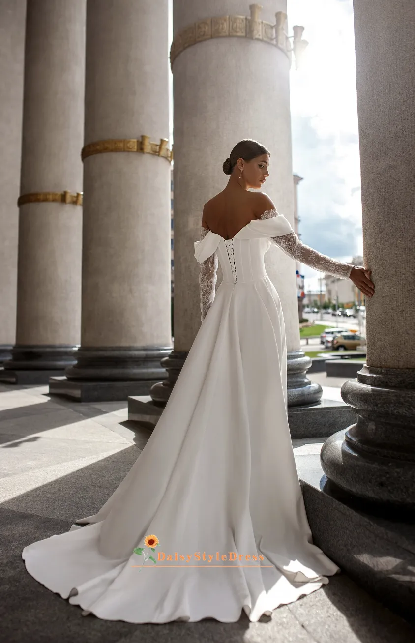 Slit Off Shoulder Long Sleeve Wedding Dress