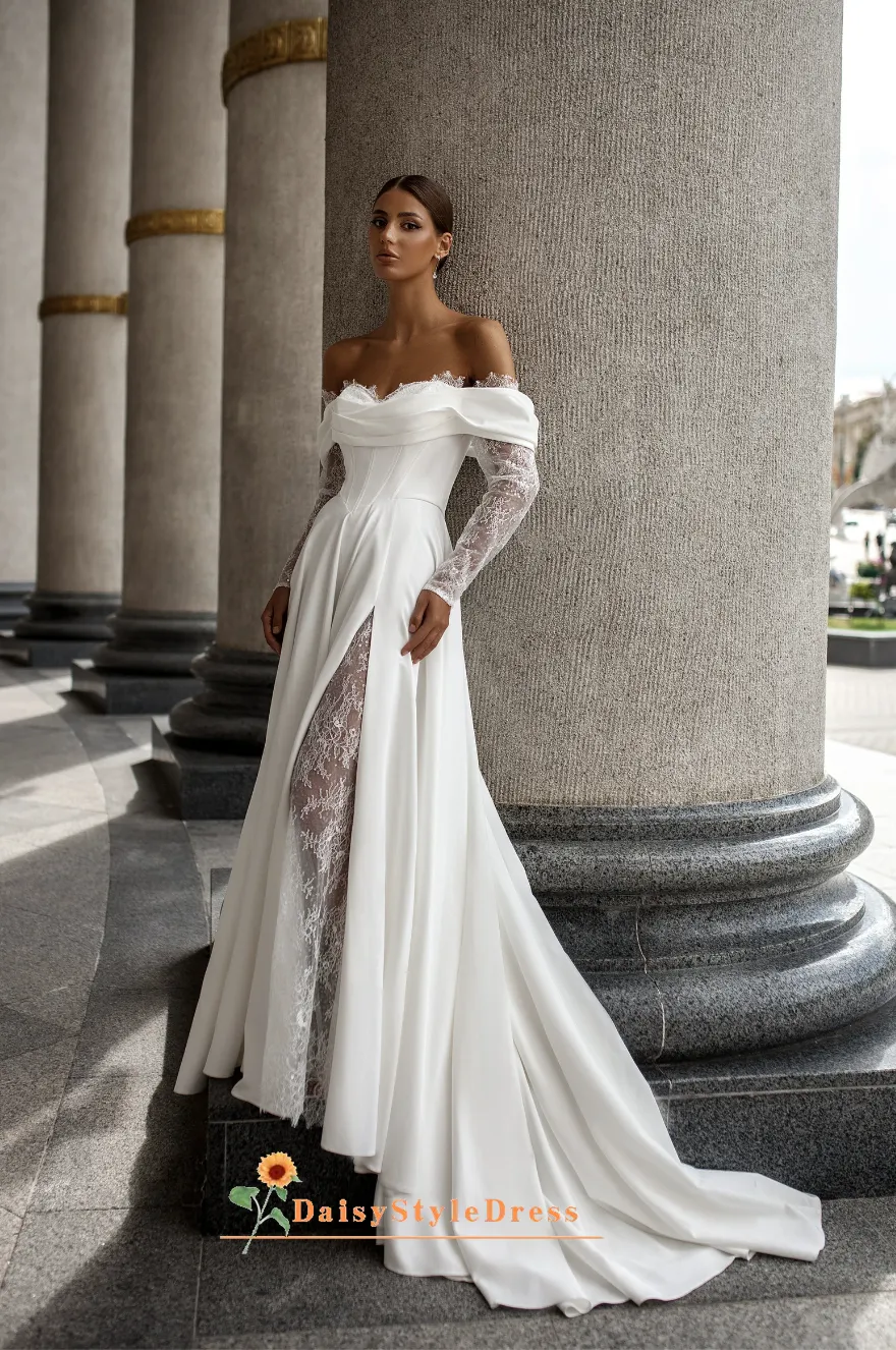 Slit Off Shoulder Long Sleeve Wedding Dress