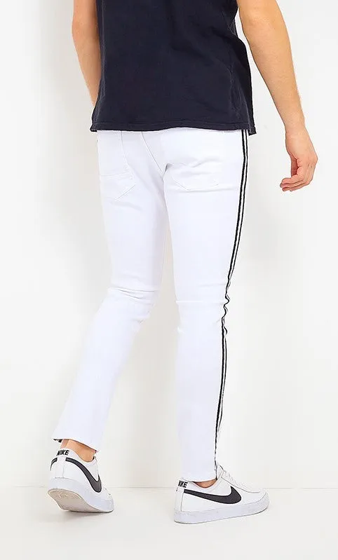 STRIPED TAPE DETAIL WHITE SKINNY JEANS