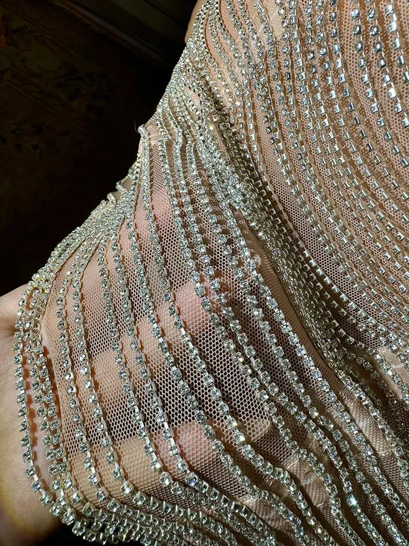 Trend4us Luxury Crystal Beaded Tassel Chain Short Evening Dress