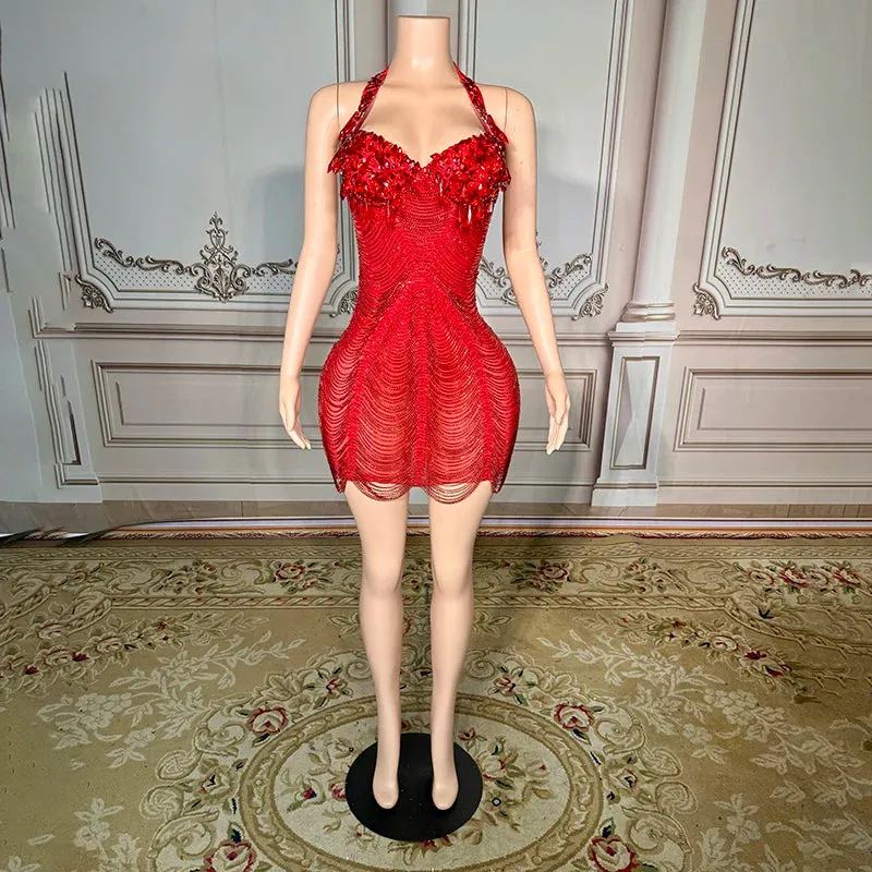 Trend4us Luxury Crystal Beaded Tassel Chain Short Evening Dress