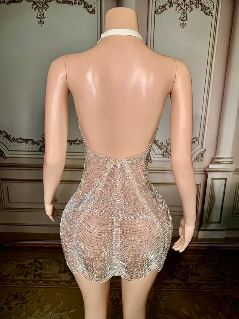 Trend4us Luxury Crystal Beaded Tassel Chain Short Evening Dress