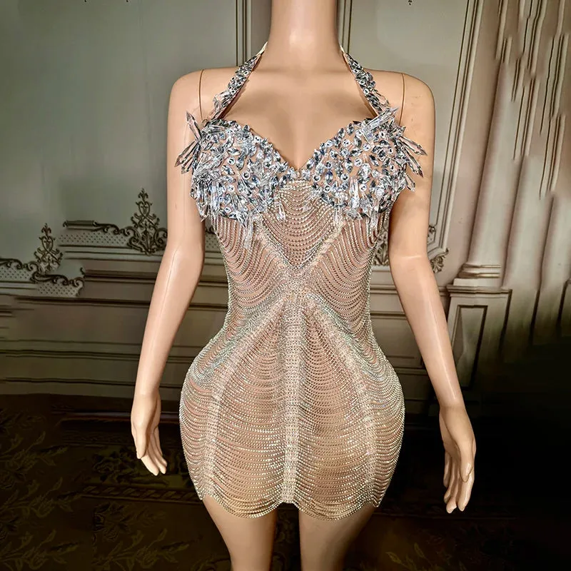 Trend4us Luxury Crystal Beaded Tassel Chain Short Evening Dress