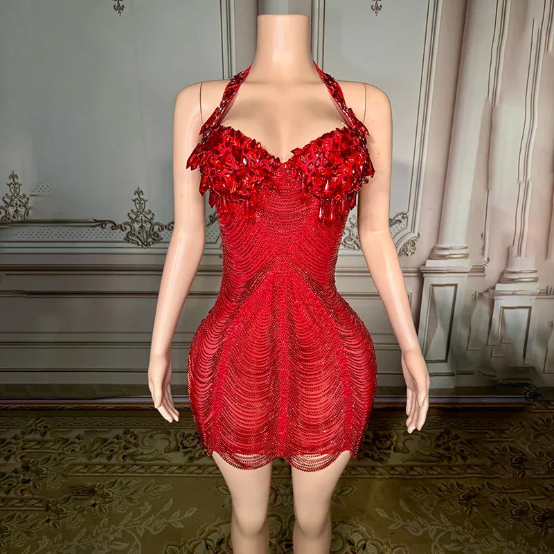 Trend4us Luxury Crystal Beaded Tassel Chain Short Evening Dress