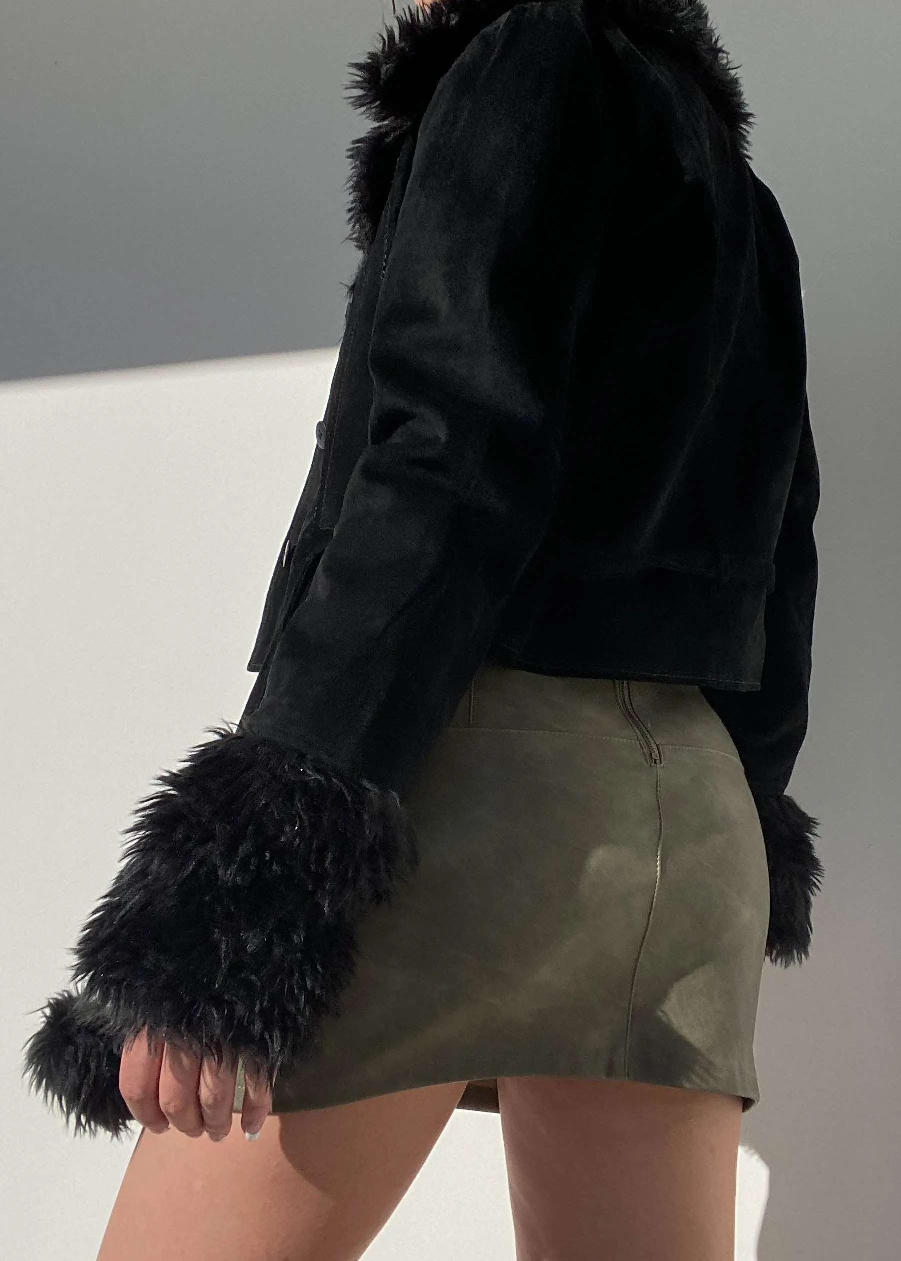 Vintage Black Leather Fur Trim Jacket (S)