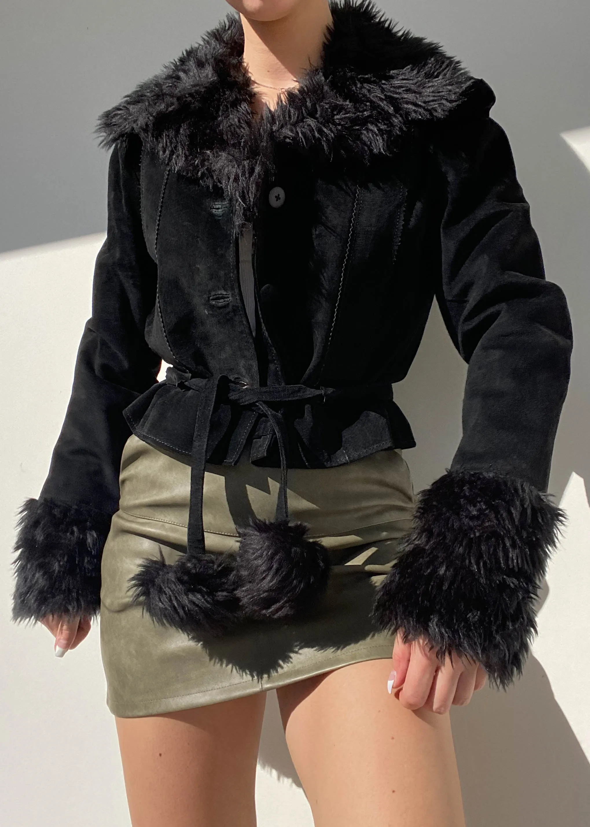 Vintage Black Leather Fur Trim Jacket (S)