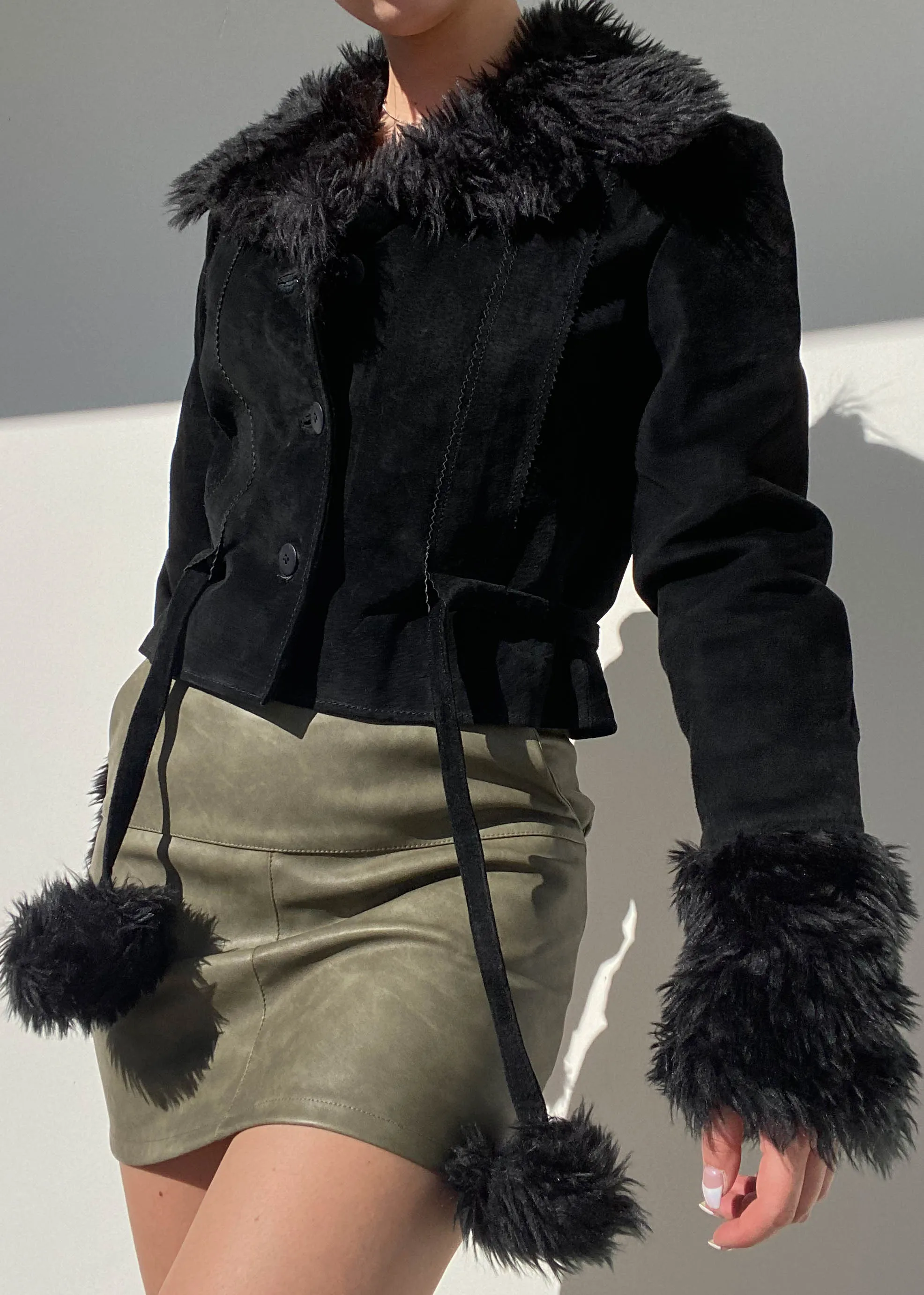 Vintage Black Leather Fur Trim Jacket (S)