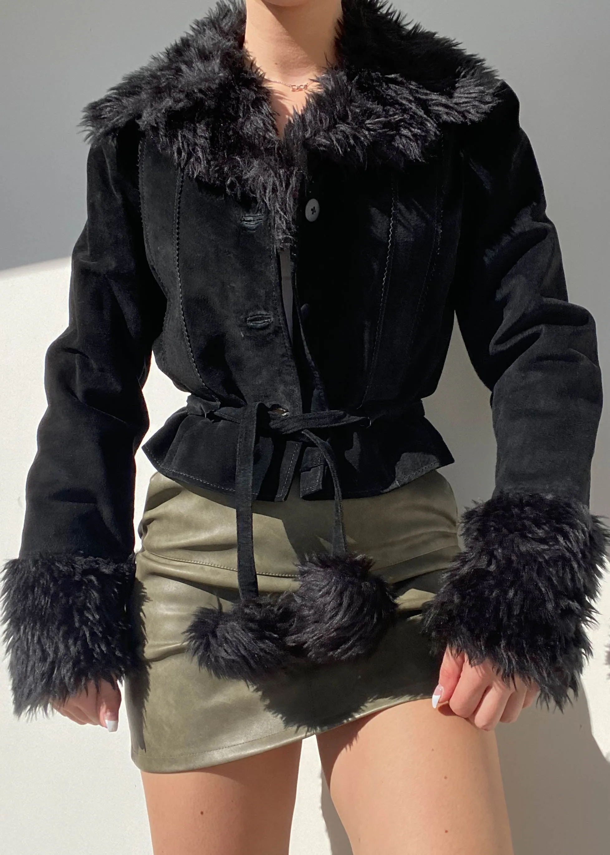 Vintage Black Leather Fur Trim Jacket (S)