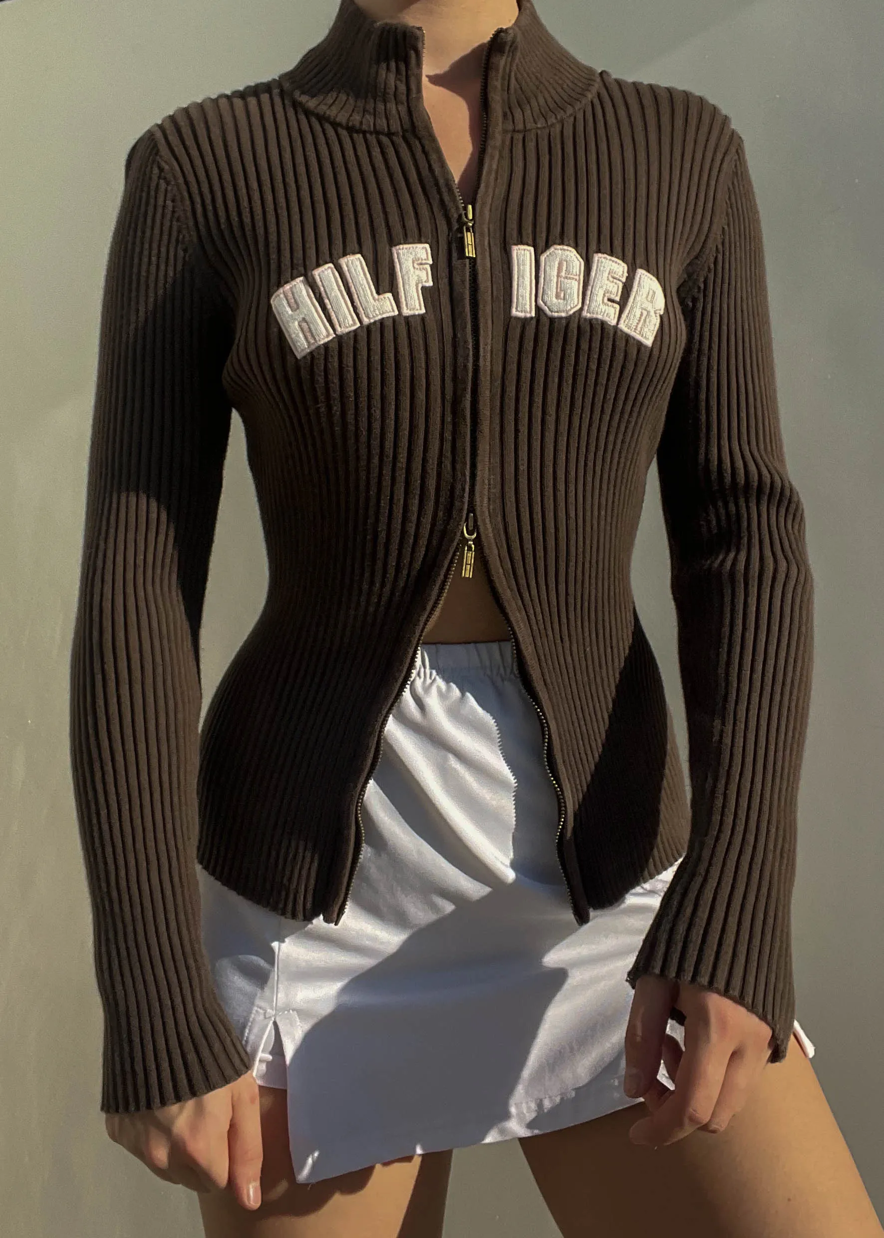 Y2k Double Zip Brown Tommy Knit (S)